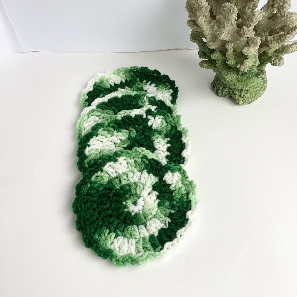 Coaster Set Hand Crafted Mug Rugs Green White Crochet Cotton